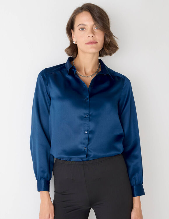 Chemise volume ample unie, satin (bleu nuit) Chemise volume ample unie, satin (bleu nuit)